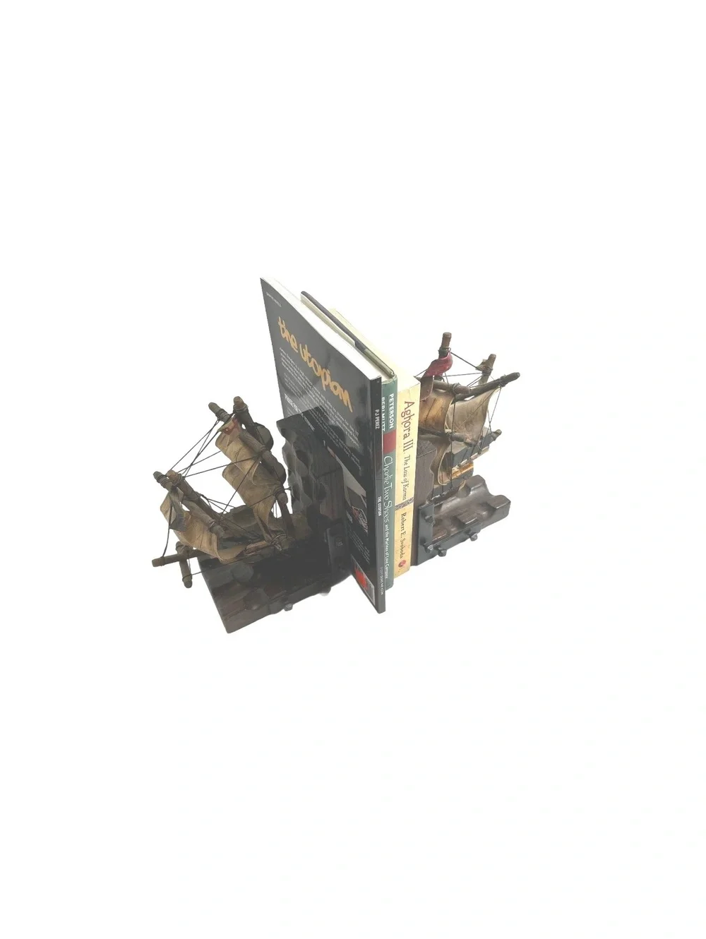 Vintage Wooden Ship Model Bookends with Detailed Sails